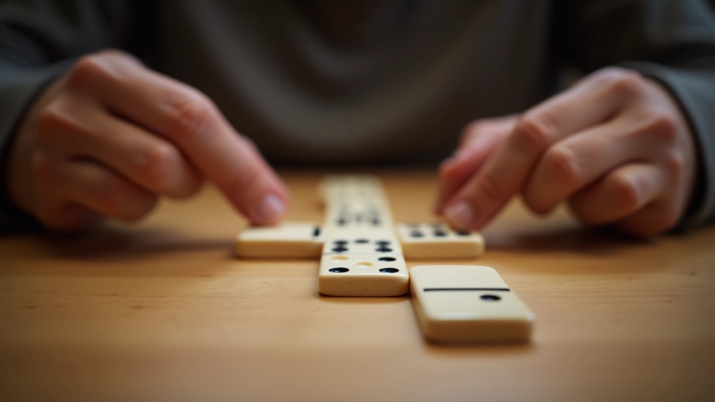 Close-up of hands playing dominoes, showing tile placement strategy and game progression on a wooden table